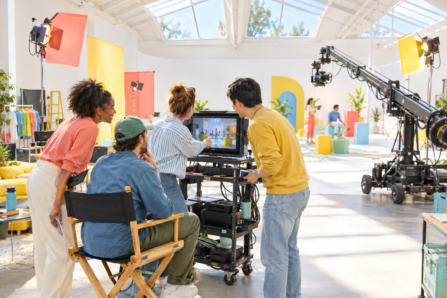 A film crew reviewing footage on a monitor in a bright, colorful studio
